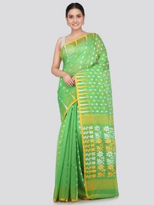 Pinkloom Women'S Green Hand_Woven Soft Cotton Jamdani-Sarees Without Blouse Piece 1
