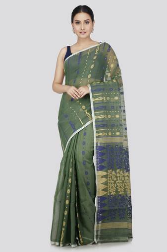 Pinkloom Women'S Green Hand_Woven Soft Cotton Jamdani-Sarees Without Blouse Piece