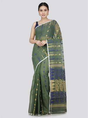 Pinkloom Women'S Green Hand_Woven Soft Cotton Jamdani-Sarees Without Blouse Piece 1