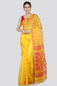 Pinkloom Women'S Yellow Hand_Woven Soft Cotton Jamdani-Sarees Without Blouse Piece