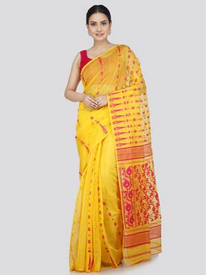 Pinkloom Women'S Yellow Hand_Woven Soft Cotton Jamdani-Sarees Without Blouse Piece 1