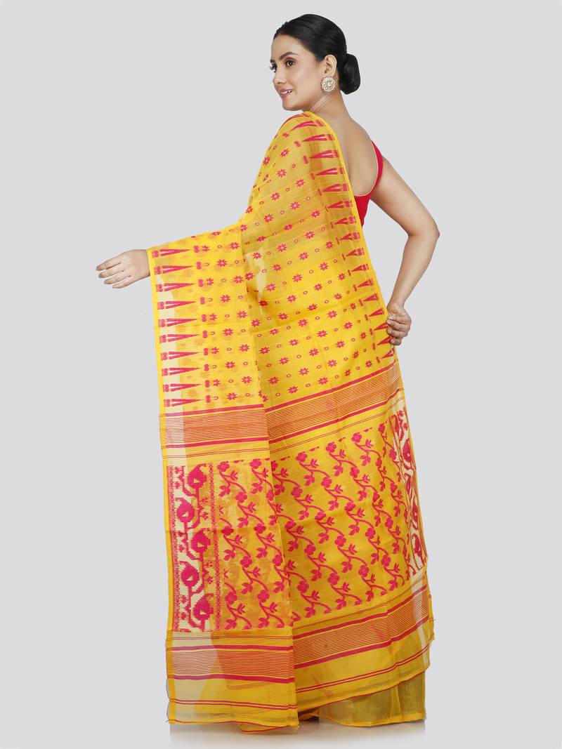 Pinkloom Women'S Yellow Hand_Woven Soft Cotton Jamdani-Sarees Without Blouse Piece