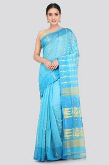 Pinkloom Women'S Blue Hand_Woven Soft Cotton Jamdani-Sarees Without Blouse Piece