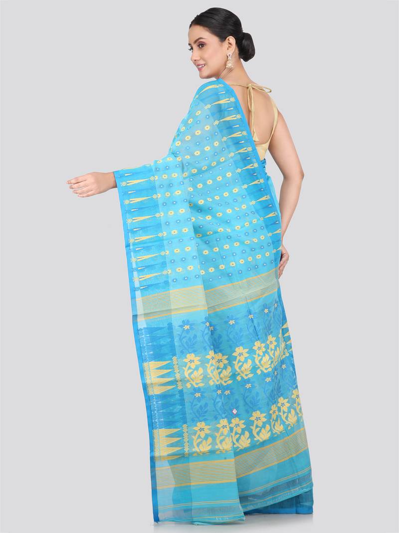 Pinkloom Women'S Blue Hand_Woven Soft Cotton Jamdani-Sarees Without Blouse Piece
