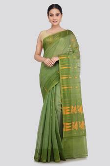 Pinkloom Women'S Green Hand_Woven Soft Cotton Jamdani-Sarees Without Blouse Piece