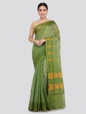 Pinkloom Women'S Green Hand_Woven Soft Cotton Jamdani-Sarees Without Blouse Piece 1
