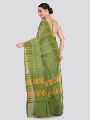 Pinkloom Women'S Green Hand_Woven Soft Cotton Jamdani-Sarees Without Blouse Piece 2