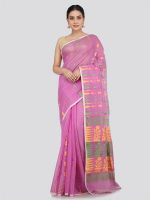 Pinkloom Women'S Pink Hand_Woven Soft Cotton Jamdani-Sarees Without Blouse Piece 1