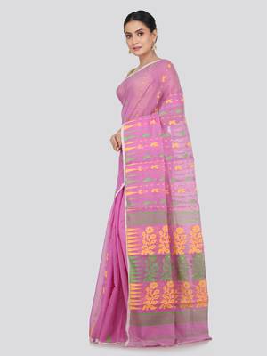 Pinkloom Women'S Pink Hand_Woven Soft Cotton Jamdani-Sarees Without Blouse Piece 2