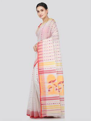 Pinkloom Women'S White Hand_Woven Soft Cotton Jamdani-Sarees Without Blouse Piece 1