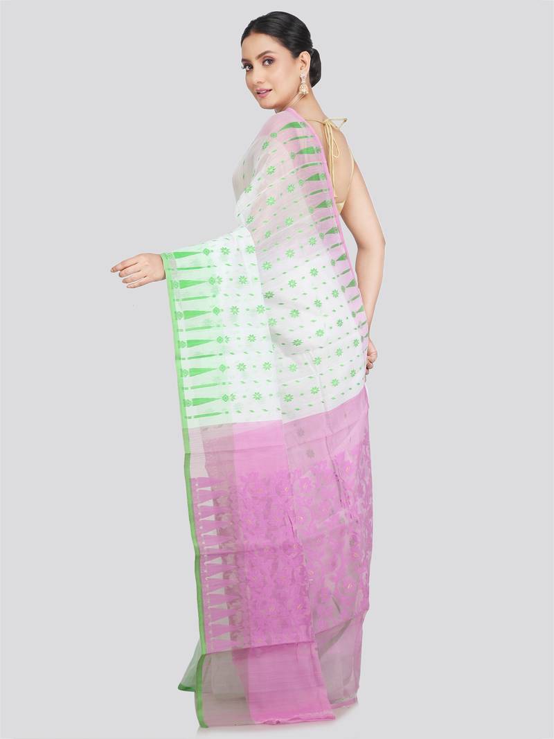 Pinkloom Women'S White Hand_Woven Soft Cotton Jamdani-Sarees Without Blouse Piece
