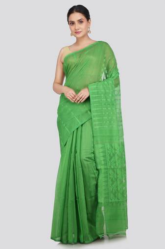 Pinkloom Women'S Green Hand_Woven Soft Cotton Jamdani-Sarees Without Blouse Piece