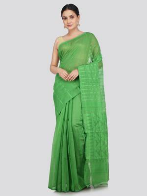 Pinkloom Women'S Green Hand_Woven Soft Cotton Jamdani-Sarees Without Blouse Piece 1