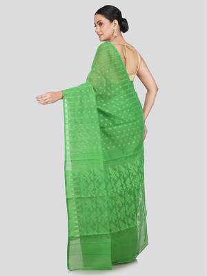 Pinkloom Women'S Green Hand_Woven Soft Cotton Jamdani-Sarees Without Blouse Piece 2