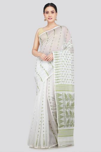 Pinkloom Women'S White Hand_Woven Soft Cotton Jamdani-Sarees Without Blouse Piece