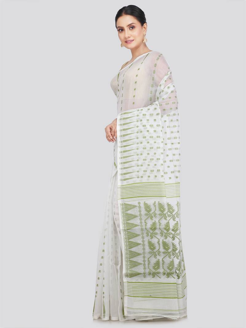 Pinkloom Women'S White Hand_Woven Soft Cotton Jamdani-Sarees Without Blouse Piece