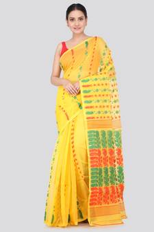 Pinkloom Women'S Yellow Hand_Woven Soft Cotton Jamdani-Sarees Without Blouse Piece