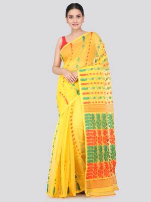 Pinkloom Women'S Yellow Hand_Woven Soft Cotton Jamdani-Sarees Without Blouse Piece 1