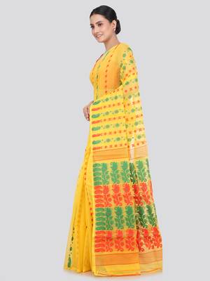 Pinkloom Women'S Yellow Hand_Woven Soft Cotton Jamdani-Sarees Without Blouse Piece 2