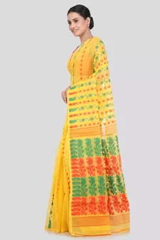 Pinkloom Women'S Yellow Hand_Woven Soft Cotton Jamdani-Sarees Without Blouse Piece