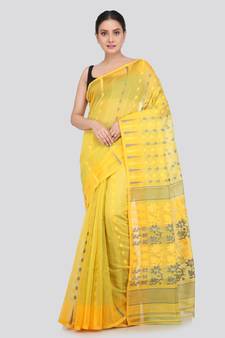 Pinkloom Women'S Yellow Hand_Woven Soft Cotton Jamdani-Sarees Without Blouse Piece