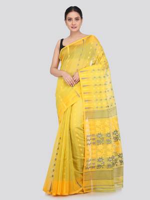 Pinkloom Women'S Yellow Hand_Woven Soft Cotton Jamdani-Sarees Without Blouse Piece 1