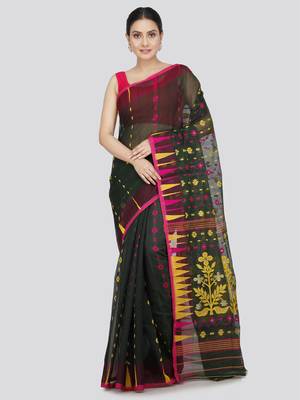 Pinkloom Women'S Green Hand_Woven Soft Cotton Jamdani-Sarees Without Blouse Piece 1