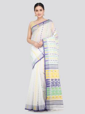 Pinkloom Women'S White Hand_Woven Soft Cotton Jamdani-Sarees Without Blouse Piece 1