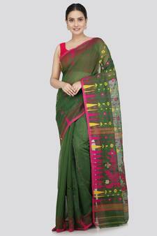 Pinkloom Women'S Green Hand_Woven Soft Cotton Jamdani-Sarees Without Blouse Piece