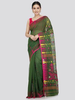 Pinkloom Women'S Green Hand_Woven Soft Cotton Jamdani-Sarees Without Blouse Piece 1