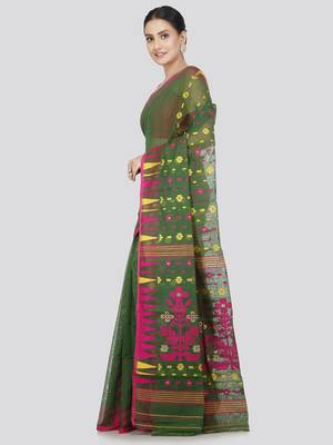 Pinkloom Women'S Green Hand_Woven Soft Cotton Jamdani-Sarees Without Blouse Piece 2