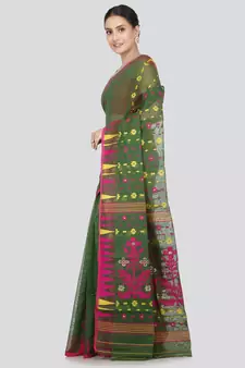 Pinkloom Women'S Green Hand_Woven Soft Cotton Jamdani-Sarees Without Blouse Piece