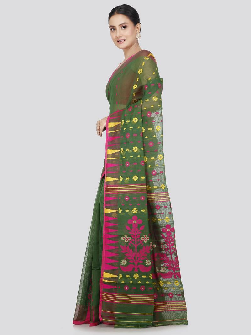 Pinkloom Women'S Green Hand_Woven Soft Cotton Jamdani-Sarees Without Blouse Piece