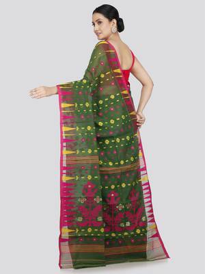 Pinkloom Women'S Green Hand_Woven Soft Cotton Jamdani-Sarees Without Blouse Piece 3