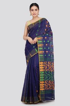 Pinkloom Women'S Blue Hand_Woven Soft Cotton Jamdani-Sarees Without Blouse Piece