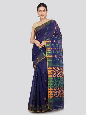 Pinkloom Women'S Blue Hand_Woven Soft Cotton Jamdani-Sarees Without Blouse Piece 1