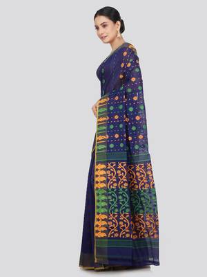 Pinkloom Women'S Blue Hand_Woven Soft Cotton Jamdani-Sarees Without Blouse Piece 2
