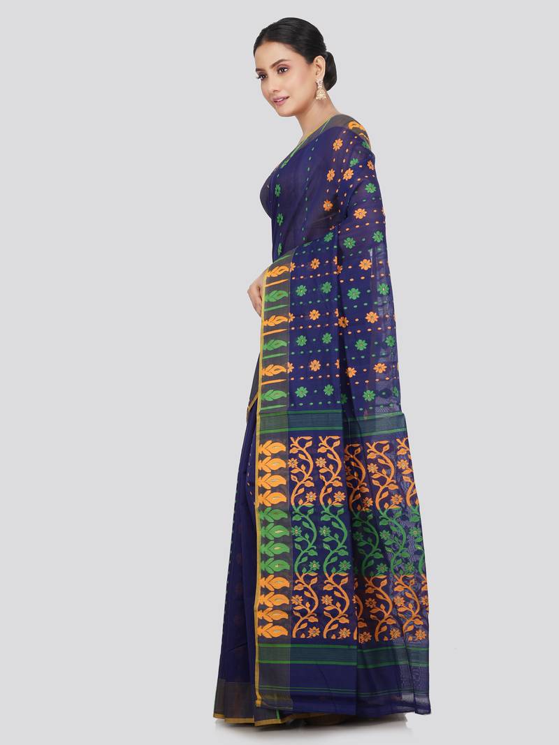 Pinkloom Women'S Blue Hand_Woven Soft Cotton Jamdani-Sarees Without Blouse Piece