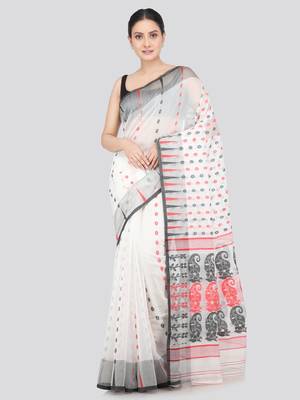 Pinkloom Women'S White Hand_Woven Soft Cotton Jamdani-Sarees Without Blouse Piece 1