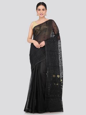 Pinkloom Women'S Black Hand_Woven Soft Cotton Jamdani-Sarees Without Blouse Piece 1