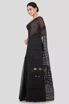 Pinkloom Women'S Black Hand_Woven Soft Cotton Jamdani-Sarees Without Blouse Piece