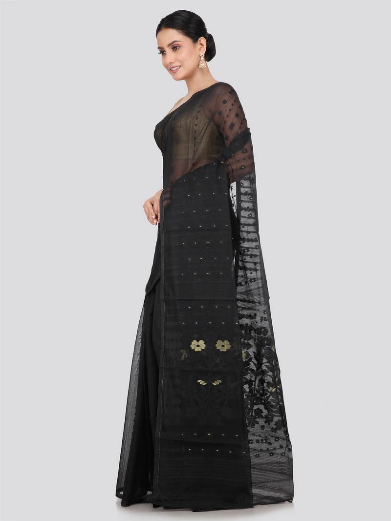 Pinkloom Women'S Black Hand_Woven Soft Cotton Jamdani-Sarees Without Blouse Piece