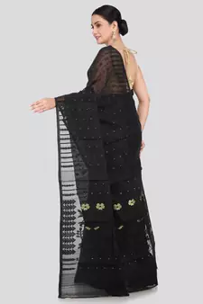 Pinkloom Women'S Black Hand_Woven Soft Cotton Jamdani-Sarees Without Blouse Piece