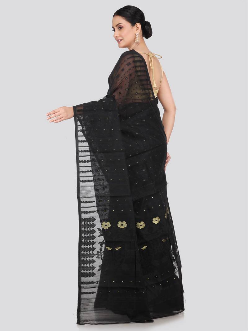 Pinkloom Women'S Black Hand_Woven Soft Cotton Jamdani-Sarees Without Blouse Piece