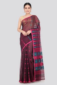 Pinkloom Women'S Maroon Hand_Woven Soft Cotton Jamdani-Sarees Without Blouse Piece