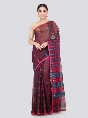 Pinkloom Women'S Maroon Hand_Woven Soft Cotton Jamdani-Sarees Without Blouse Piece 1