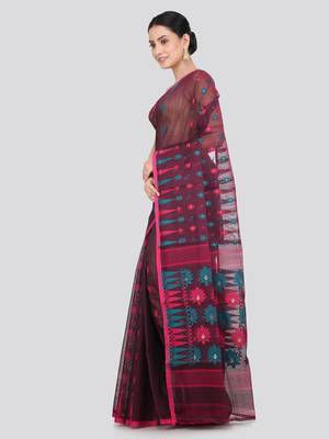 Pinkloom Women'S Maroon Hand_Woven Soft Cotton Jamdani-Sarees Without Blouse Piece 2