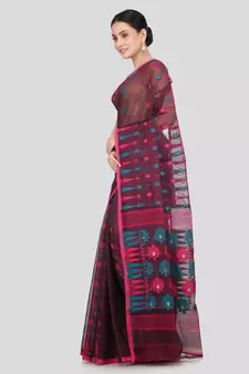 Pinkloom Women'S Maroon Hand_Woven Soft Cotton Jamdani-Sarees Without Blouse Piece