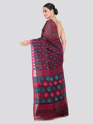 Pinkloom Women'S Maroon Hand_Woven Soft Cotton Jamdani-Sarees Without Blouse Piece 3