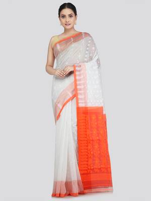 Pinkloom Women'S White Hand_Woven Soft Cotton Jamdani-Sarees Without Blouse Piece 1